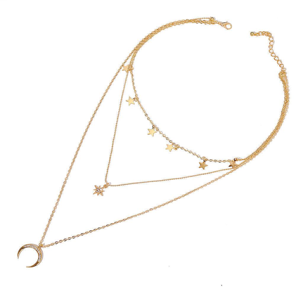 Gold Layered Star Moon Pendant Necklace for Women, Dainty Multi-Chain Necklace Set