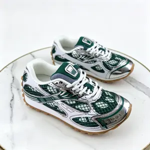 2026 new Unisex Green & Silver Metallic Mesh Retro Sneakers | Premium Breathable Chunky Streetwear Footwear