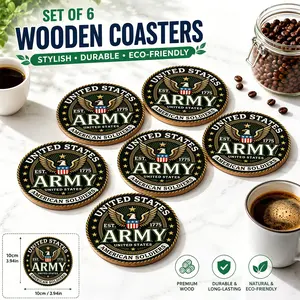 6PCS U.S. Army Coasters | Man Cave Must-Have | Military Eagle Badge Wood Mat | Home Bar & Coffee Table Decor | Beer Whiskey Glass Protector | Eco Durable 🍺