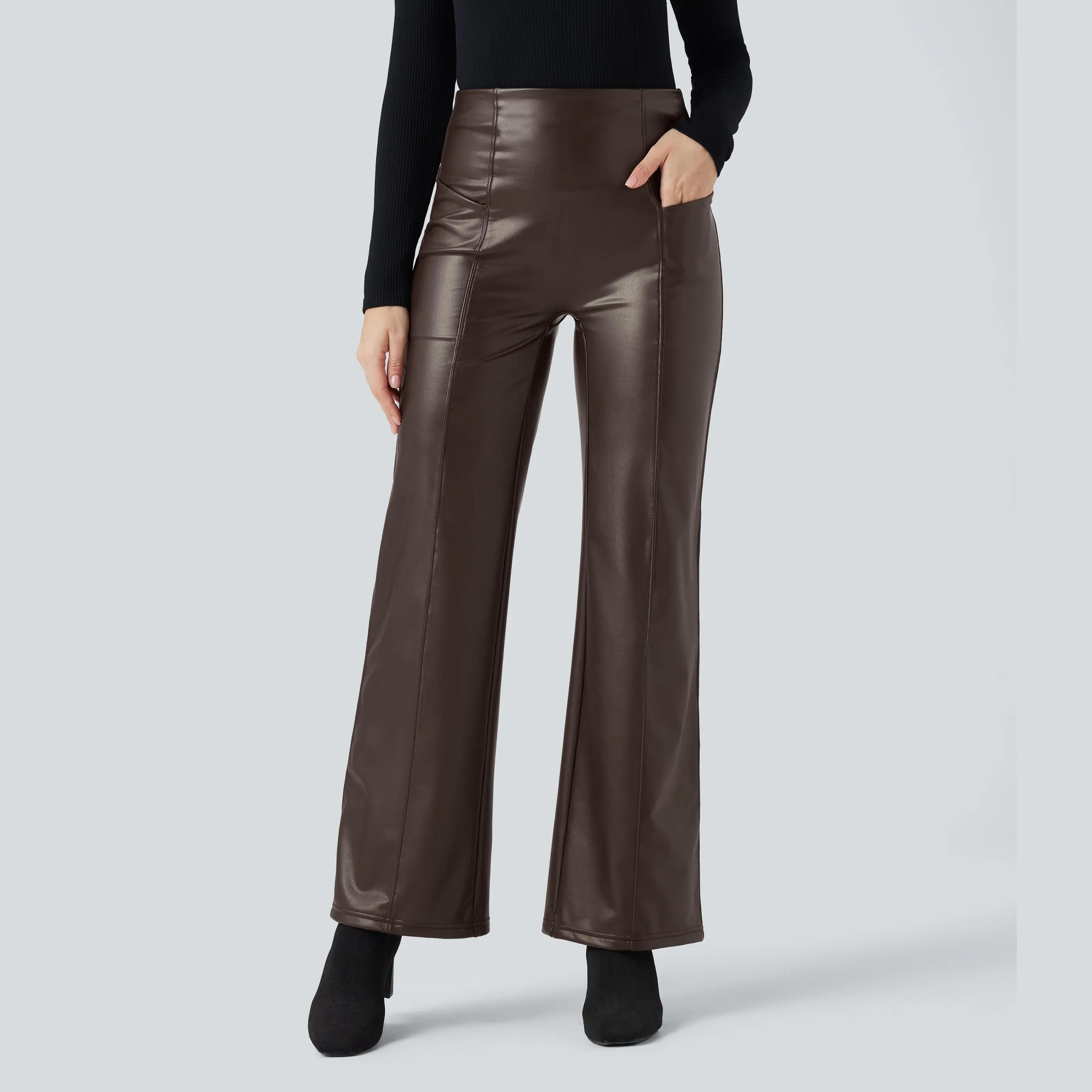 Halara High Waisted Tummy Control Stretchy PU Fleece Casual Flare Pants with Pockets Halara High Waisted Tummy Control Stretchy PU Fleece Casual Flare Pants with Pockets