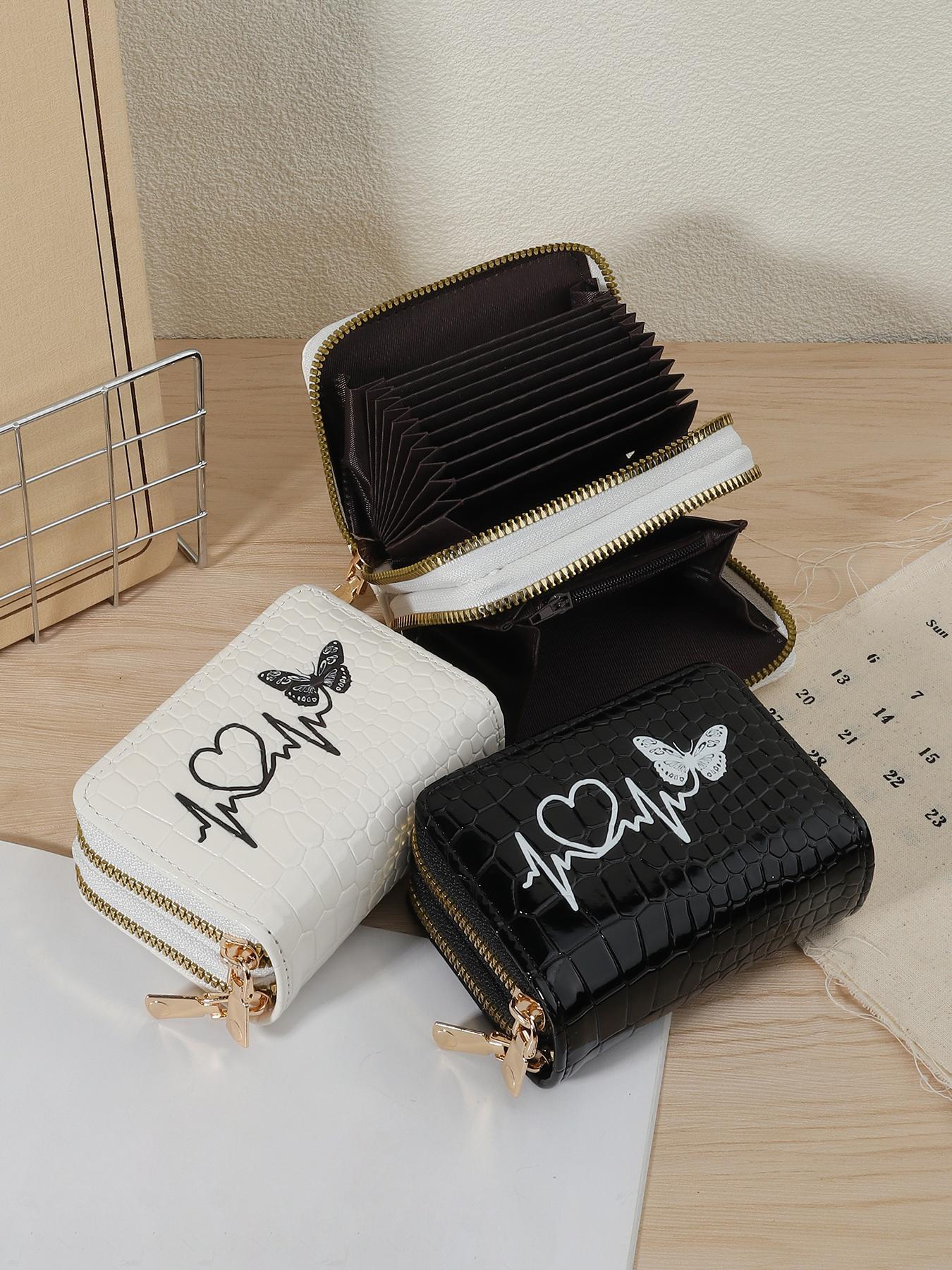 Fashionable Butterfly & Heart Pattern Card Holder, Minimalist Double Zipper Portable Short Wallet, Large Capacity Multifunctional Card Bag, Cardholder, Exquisite Cardholder, Card Organizer