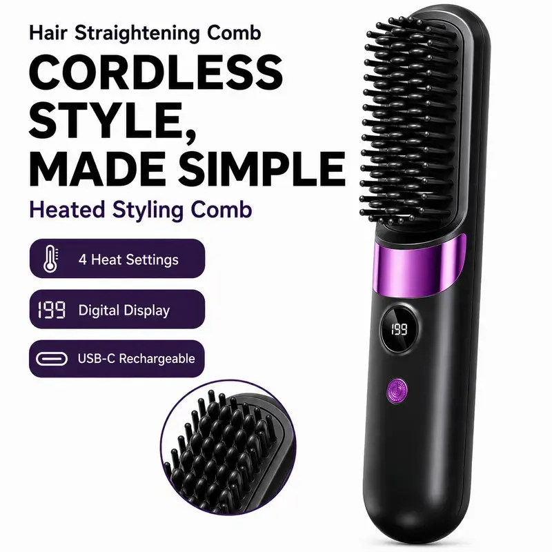 Cordless Hair Straightening Brush - 2-in-1 Ionic Straightener with 4 Heat Settings, Adjustable Temp, USB Rechargeable, Anti-Scald, Lightweight Portable, Frizz Control, Long-Lasting Smooth Shine, Travel Tool for All Types, Ideal Gift