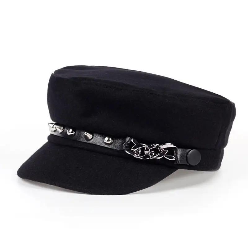 Unisex Rivet Chain Military Caps Spring Autumn Sailor Hats Women Large Black Beret Caps Men Flat Top Captain Navy Hats