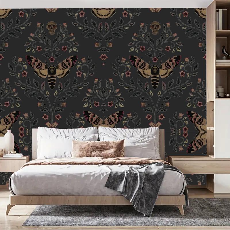 Skull Head Moth Pattern Wall Sticker, 1 Roll Waterproof Self-adhesive Wallpaper, Removable Wall Decal for Home Living Room Bedroom Dormitory Decor