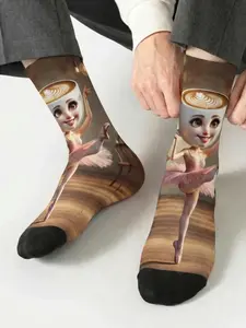 1 Pair BIIHUDU Men's Italian Brainrot Socks — Colorful “Ballerina Cappuccina” Cappuccino Ballerina Print Socks, Mid-Calf Socks: Cartoon, Cute, Soft, Breathable, Fashionable, Casual, Streetwear, All-Over Print Design