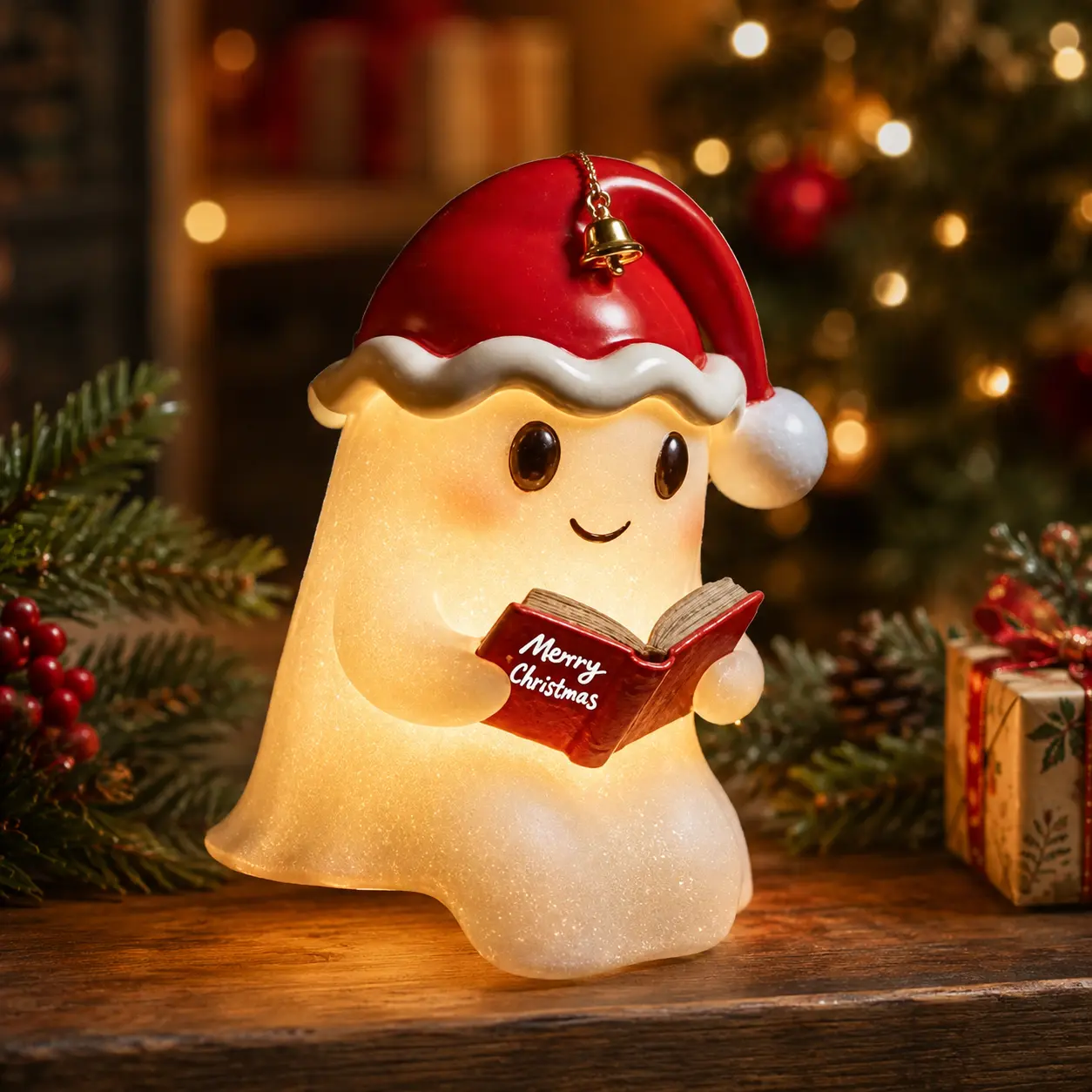 Light-Up Christmas Ghost Figurine, Cute Santa Hat Ghost Holding Merry Christmas Book, Warm Glow Tabletop Holiday Decoration for Desk, Shelf, Nightstand, Bedroom, Living Room, Office, Christmas Party Decor, Seasonal Home Accent & Gift