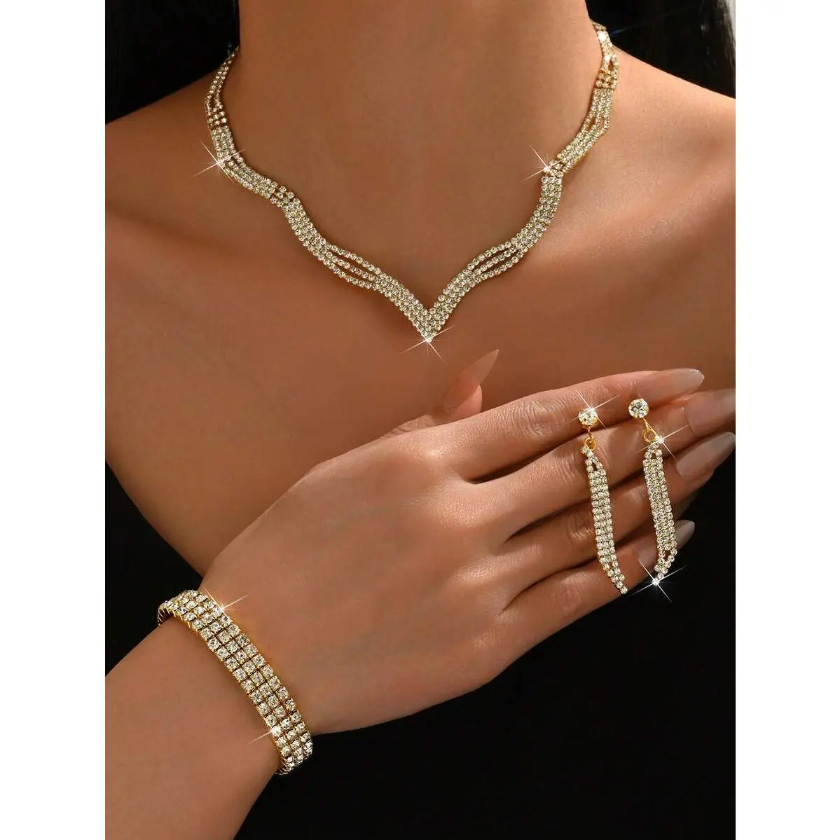 4pcs/Set Women Jewelry Set - Necklace, Earrings, Bracelet, Geometric Design, Suitable For Party, Wedding & Thanksgiving