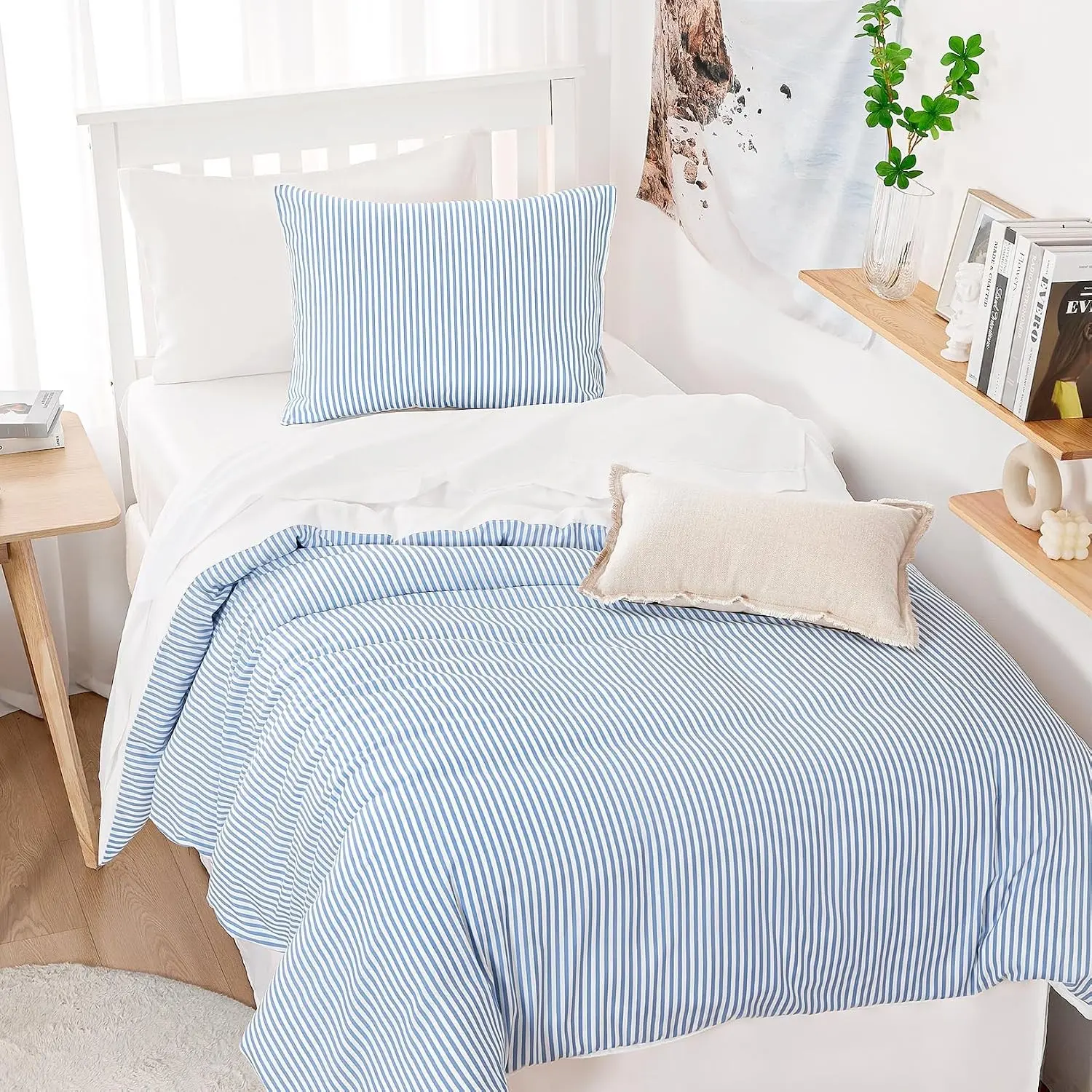 Striped Comforter Set, Ticking Stripe Vertical Pinstripe Neutral Farmhouse Pattern Printed, Soft Lightweight Bedding, 3 Pieces, Blue White, Twin/Twin XL Size