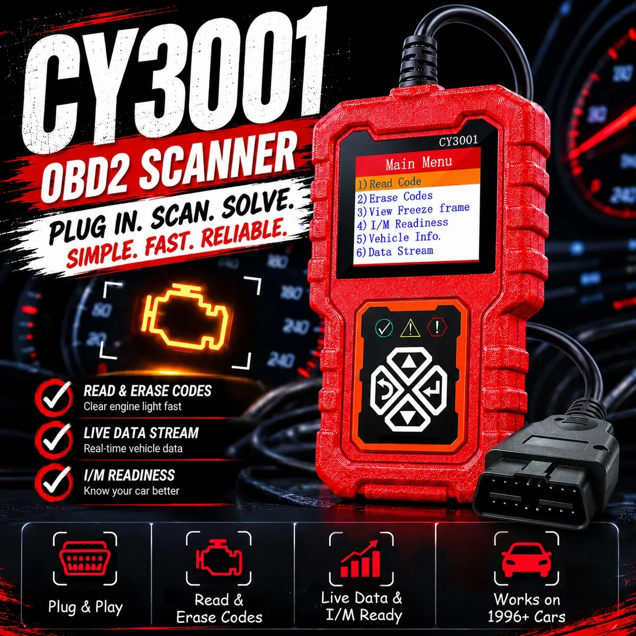 Cy3001 Car Obd2 Scanner, Engine Code Reader, Check Engine Light Reset Tool, Live Data Diagnostic Scanner for Cars Suvs & Light Trucks