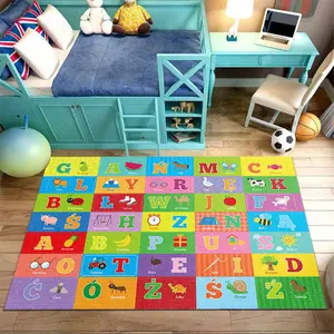 Color Grid Letter With Matching Cartoon Pictures Crystal Velvet Multilingual Kids Learning Rug #LetterPictureMatchingRug #ColorBlockEducationalFloorMat #ForeignLanguageToddlerCarpet #CrystalVelvetHomeDecor