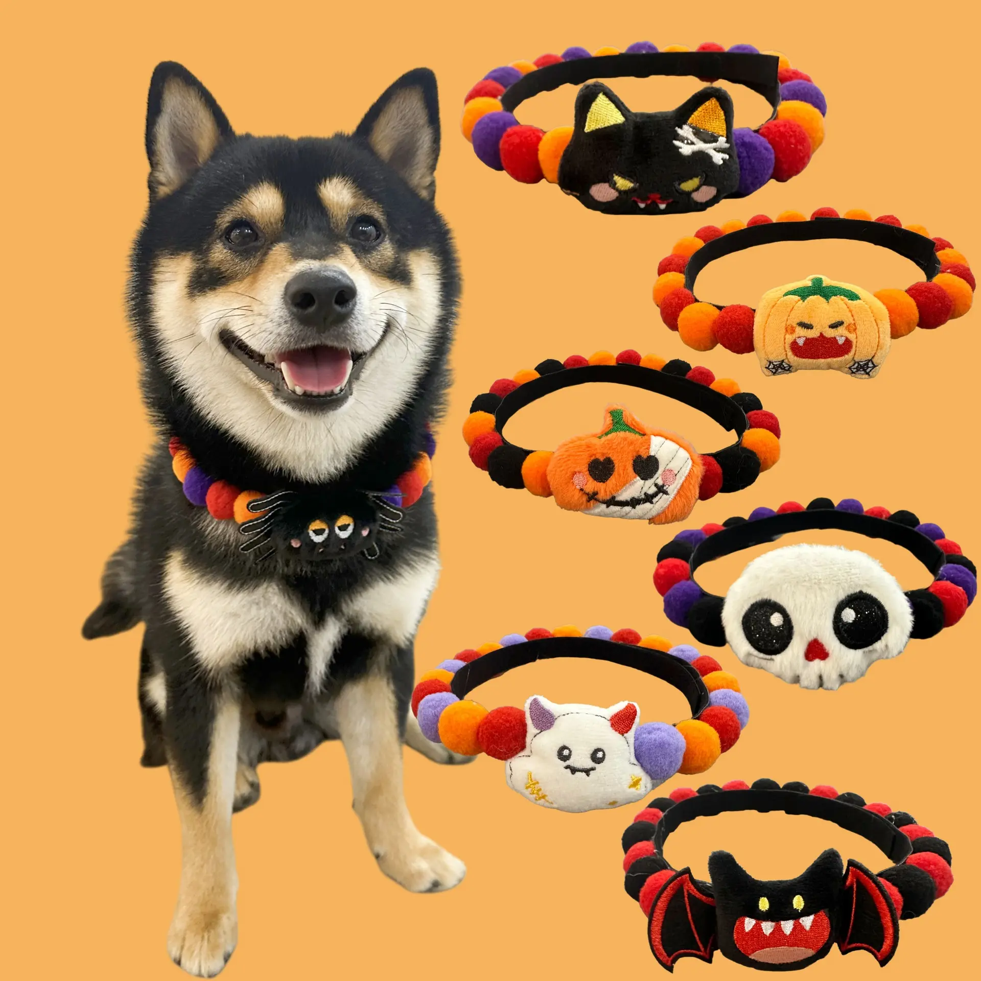 Halloween Pet Collar, Pumpkin & Ghost Print Cat & Dog Collar with Velcro Closure, Cute Festive Neck Accessory for Kittens, Puppies & Small Dogs, Halloween Costume & Party Decor