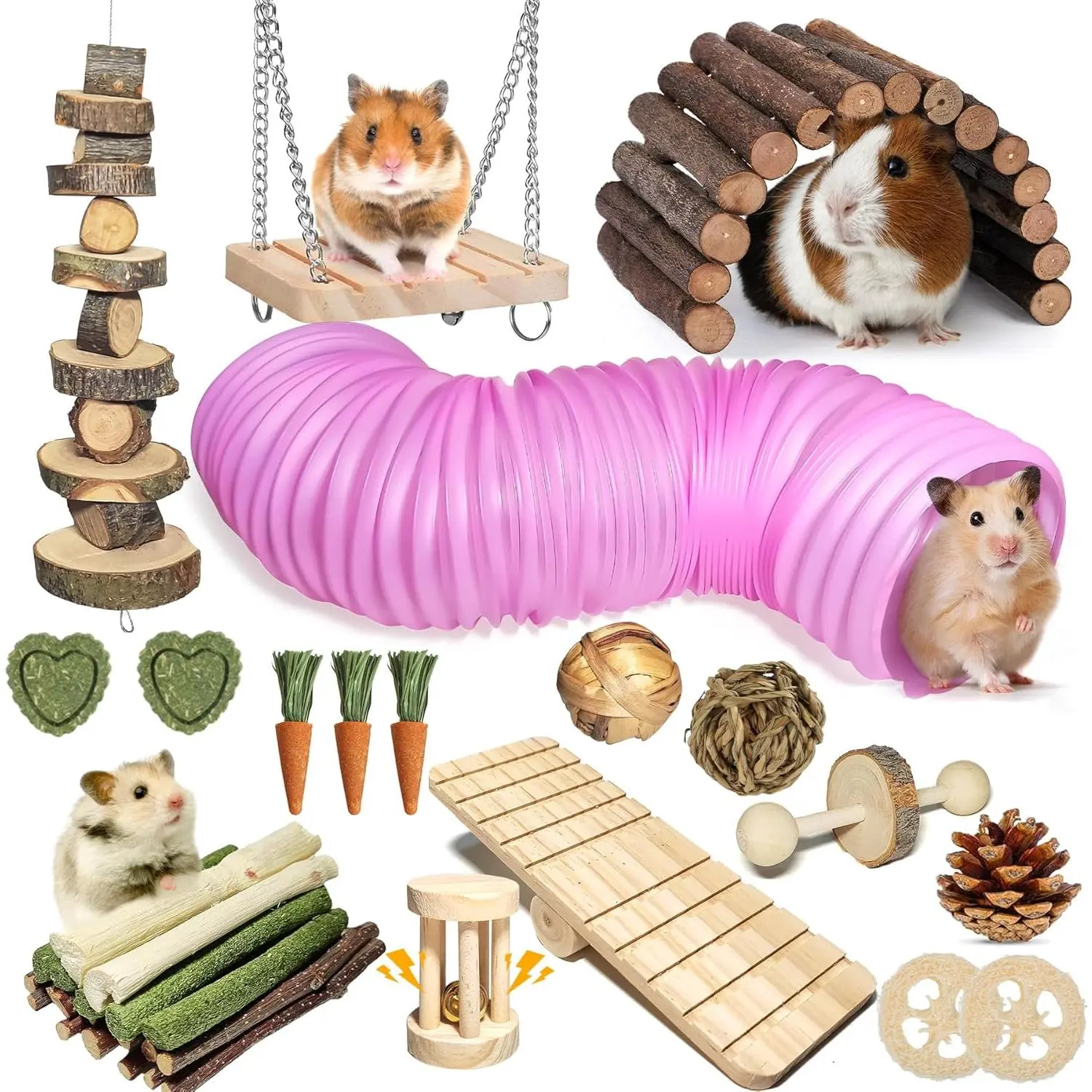 40 PCS Hamster Toys Set, Guinea Pig Toys Enrichment Hamster Tubes and Tunnels, Rat Enrichment Toy with Bridge, Seesaw, Swing, Ball for Gerbils, Chinchillas, Dwarf and Syrian Mouse,Halloween,rabbit,chew,