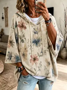 Women's Boho Floral Print Hooded Drawstring Sweater, Loose-Fitting 3/4 Sleeve, Casual Fall & Winter Knitwear, Unlined Raised-Fiber Surface