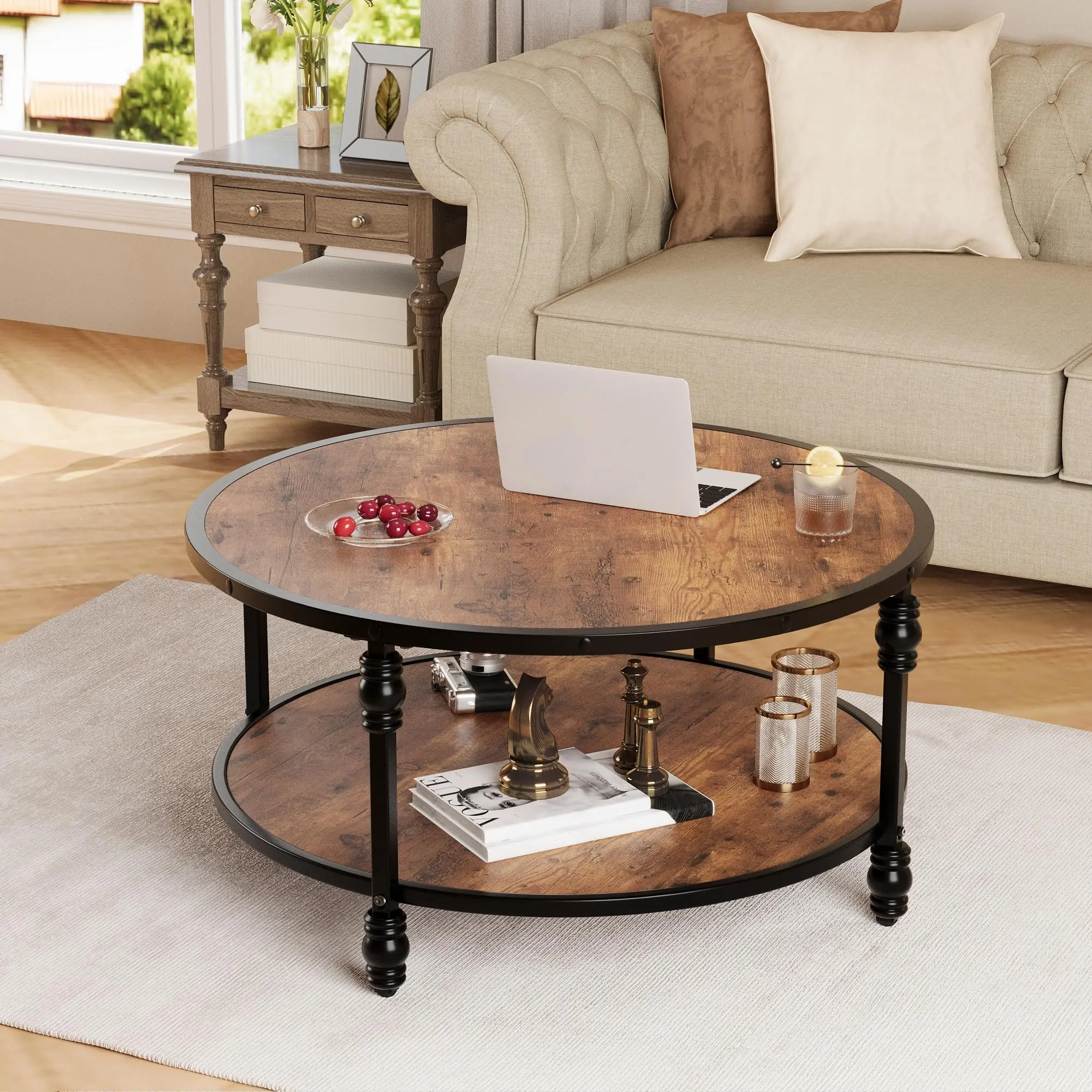GARVEERound coffee table, sofa side table, wooden sofa table, Roman column legs, coffee table with storage space and shelf for living room, living room table, living room table,