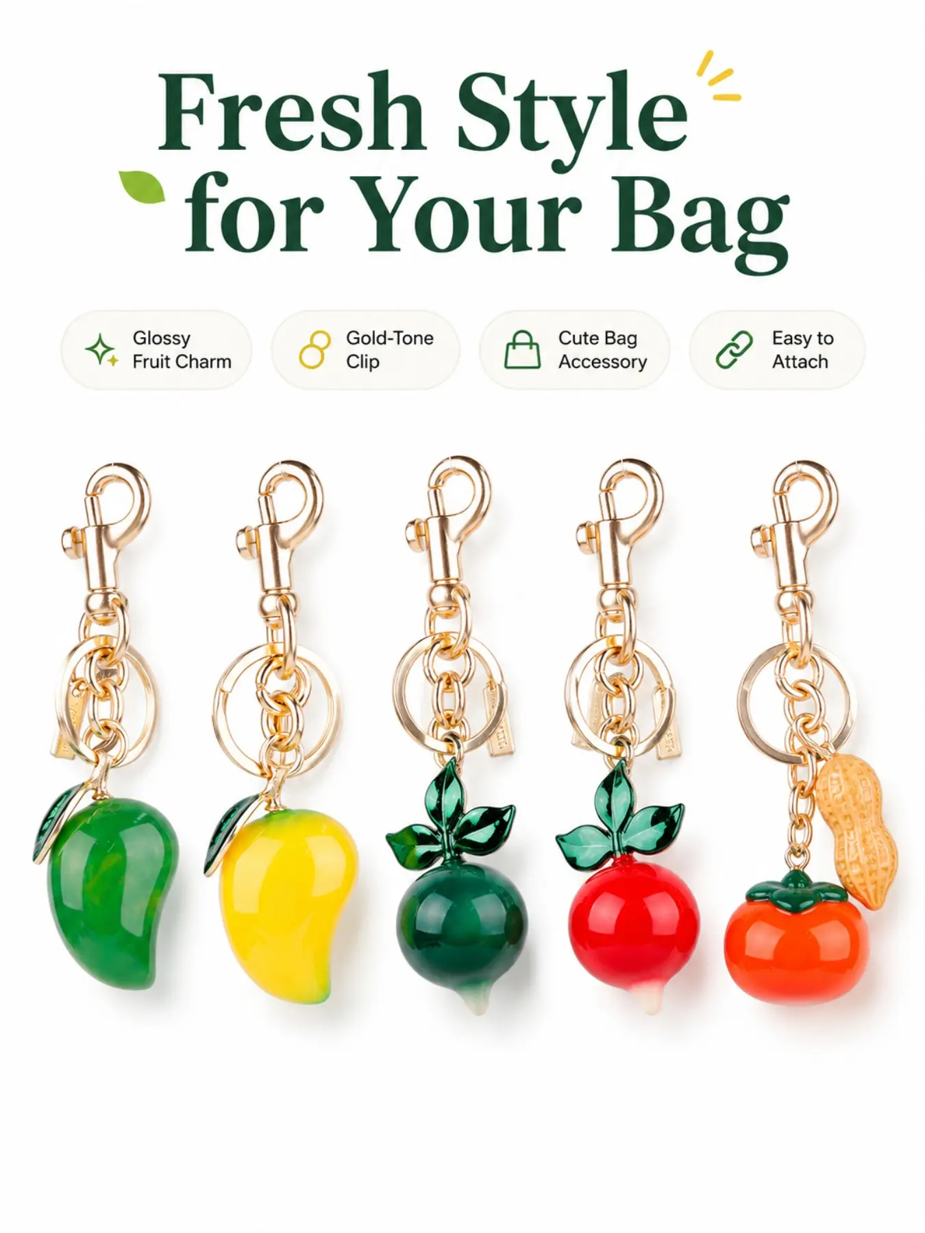 LUVTAG Glossy Fruit Bag Charm Keychain, Cute Mango Radish Persimmon Purse Charm with Gold-Tone Clip, Fruit Pendant Keychain for Handbags, Backpacks, Keys, Phone Accessories, Fashion Bag Decoration Gift