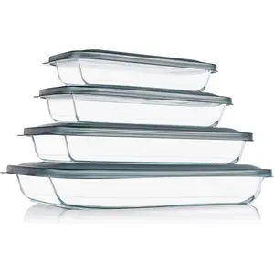 8 Pieces Glass Baking Dish with Lids Rectangular Glass Baking Pan Bakeware Set with Lids, Baking Pans for Lasagna, Leftovers, Cooking, Kitchen, Fridge-to-Oven, Gray