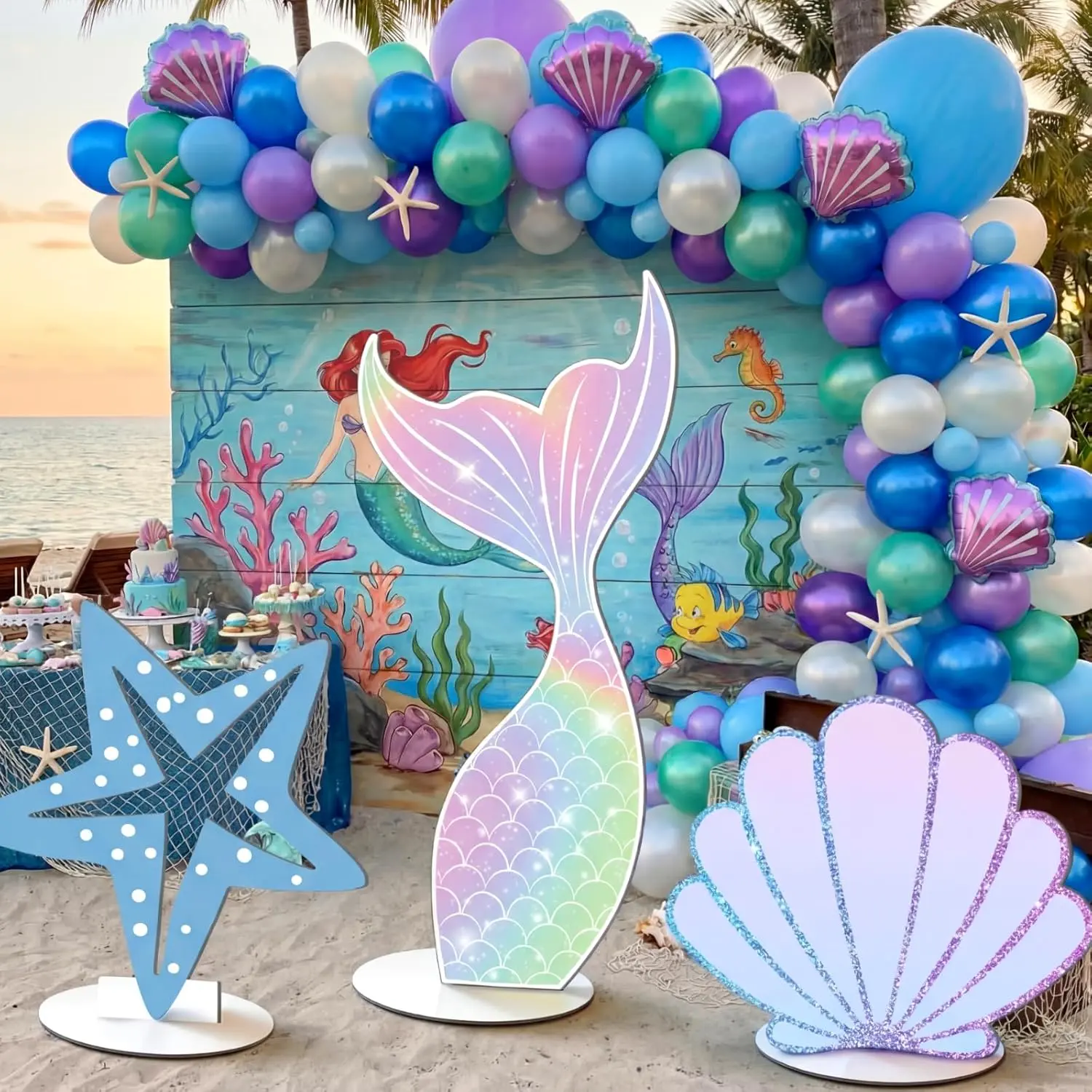 3-Piece Large Under Sea Mermaid Wooden Decorations - 17.72x17.72 Inches Ocean Inspired Event Table Centerpieces with Starfish, Seashell Cutouts, Wooden Base for Lifelike Underwater Journey, Immersive Atmosphere Birthday Gifts, Underwater Vibes