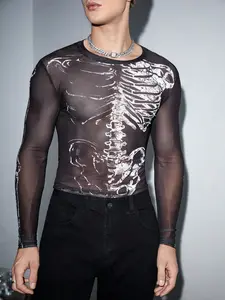 Unisex Retro Skull Mesh Long Sleeve Top, Slim Fit, All-Over Print, Sexy Style, Short Length, Suitable for All Seasons