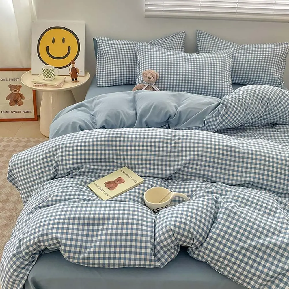 Blue Gingham Duvet Cover Queen Size Reversible Checkered Comforter Cover Grid Farmhouse Dorm Bedding Set 3 Pcs Soft Breathable Washed Microfiber Gifts for Men
