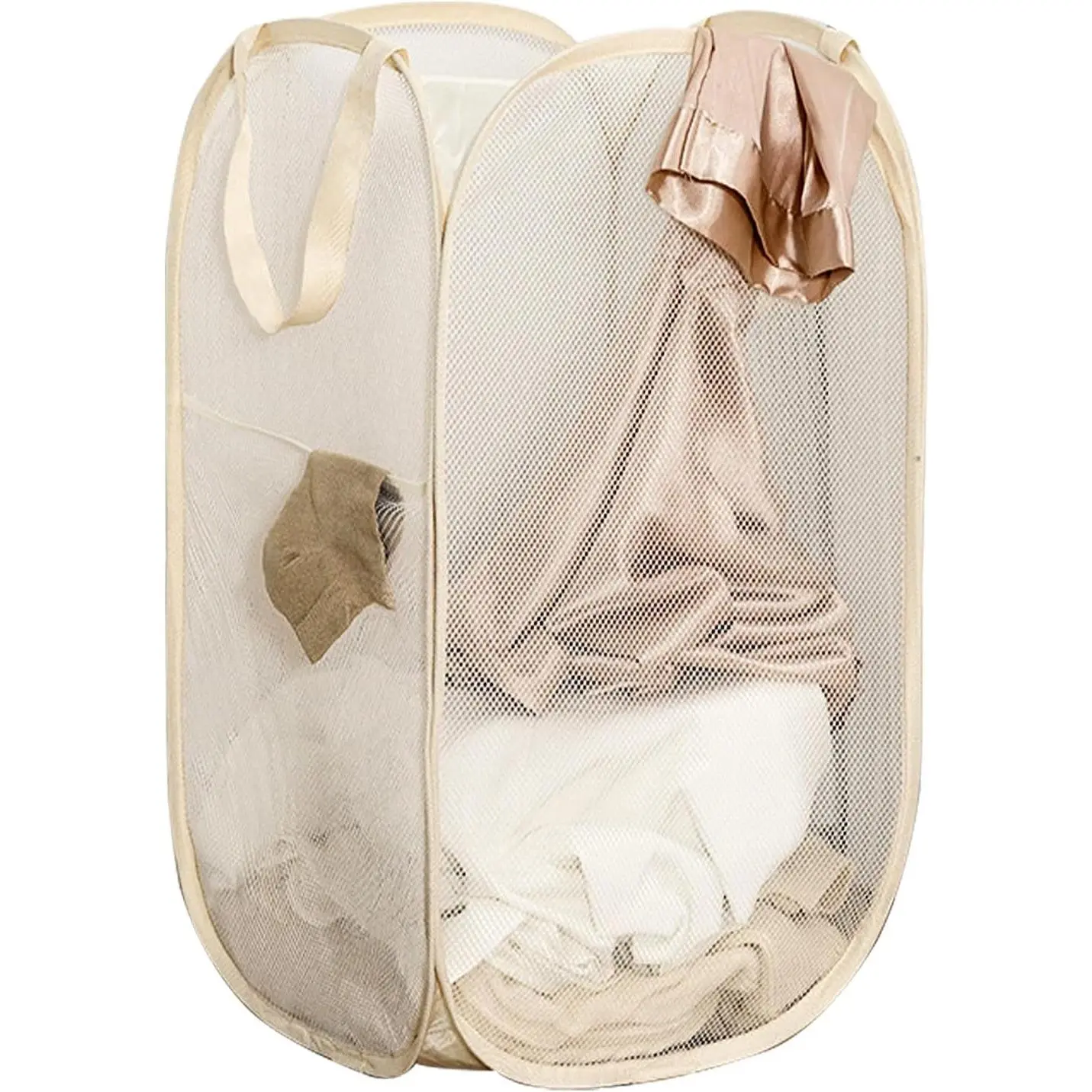 Pop Up Laundry Basket Folding Laundry Hamper Mesh Hamper Storage Bin | Beige Collapsible Laundry Basket Side Pocket Foldable Space Saving Laundry Bag for College Dorms, Travelling, Cruise, Camping