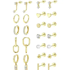 12Pairs Hypoallergenic Flat Back Earrings for Women - 14K Gold Plated Stainless Surgical Steel Earring Stacks Set Small Dangle Stud Hoop Cartilage Jewelry Gift