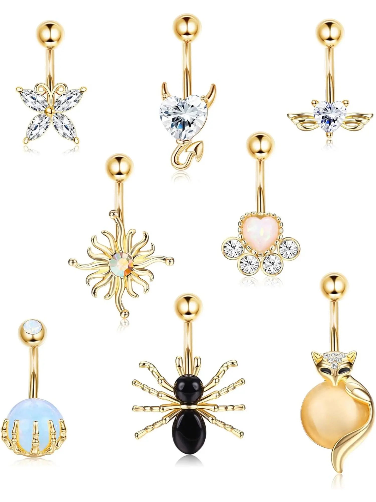 8Pcs 14G Butterfly Claw Belly Button Rings for Women, 316L Surgical Steel Curved Barbell Navel Piercing Jewelry, Ideal for Daily Wear, Beach & Gifts