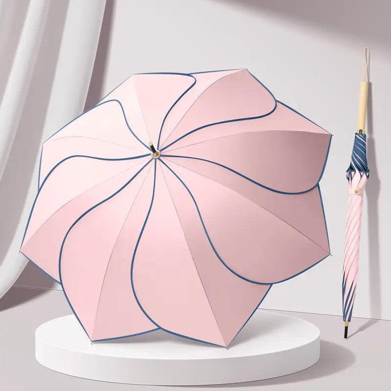 Creative Petal Umbrella with UV Protection, Wooden Handle, Fashionable Floral Design, Long Handle Rain and Sun Umbrella, Rain Umbrellas