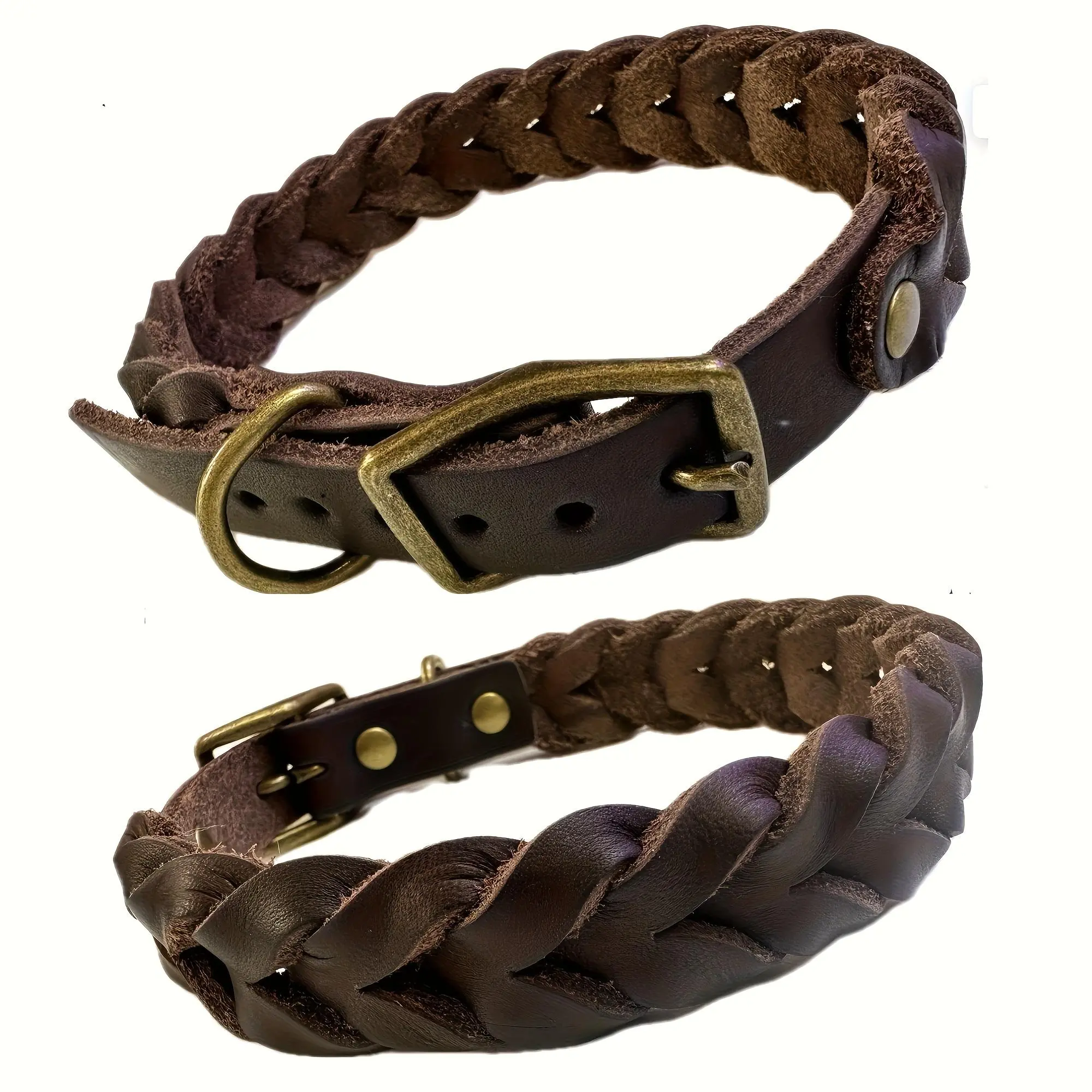 Genuine Braided Dog Collar, Textured Cowhide Weave Pet Collar, Adjustable Metal Buckle Dog Neck Collar