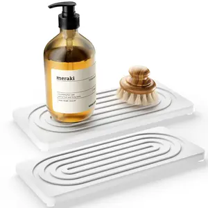 2 PCS Water Absorbing Stone Tray for Sink, Quick Drying Diatomite Bathroom Tray Countertop, Stone Drying Mat for Kitchen Counter Faucet, Soap Dish Dispenser Vanity Organizer, Versatile, White-A-8.3" x 4"