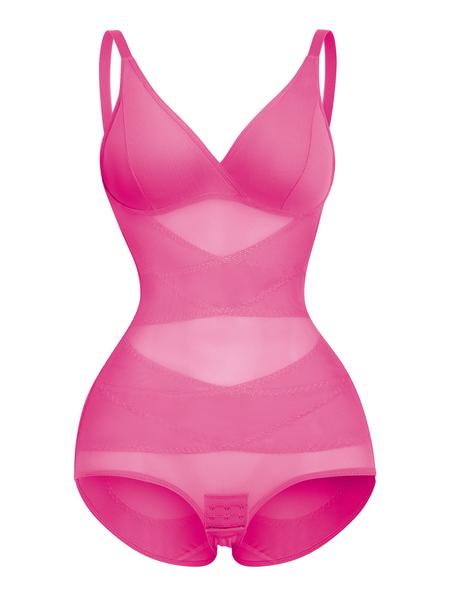 Women's Sheer Mesh Bodysuit High Elastic Breathable Fabric V Neck Full Body Shaping Underwear, Casual All Season Wear, Shapewear