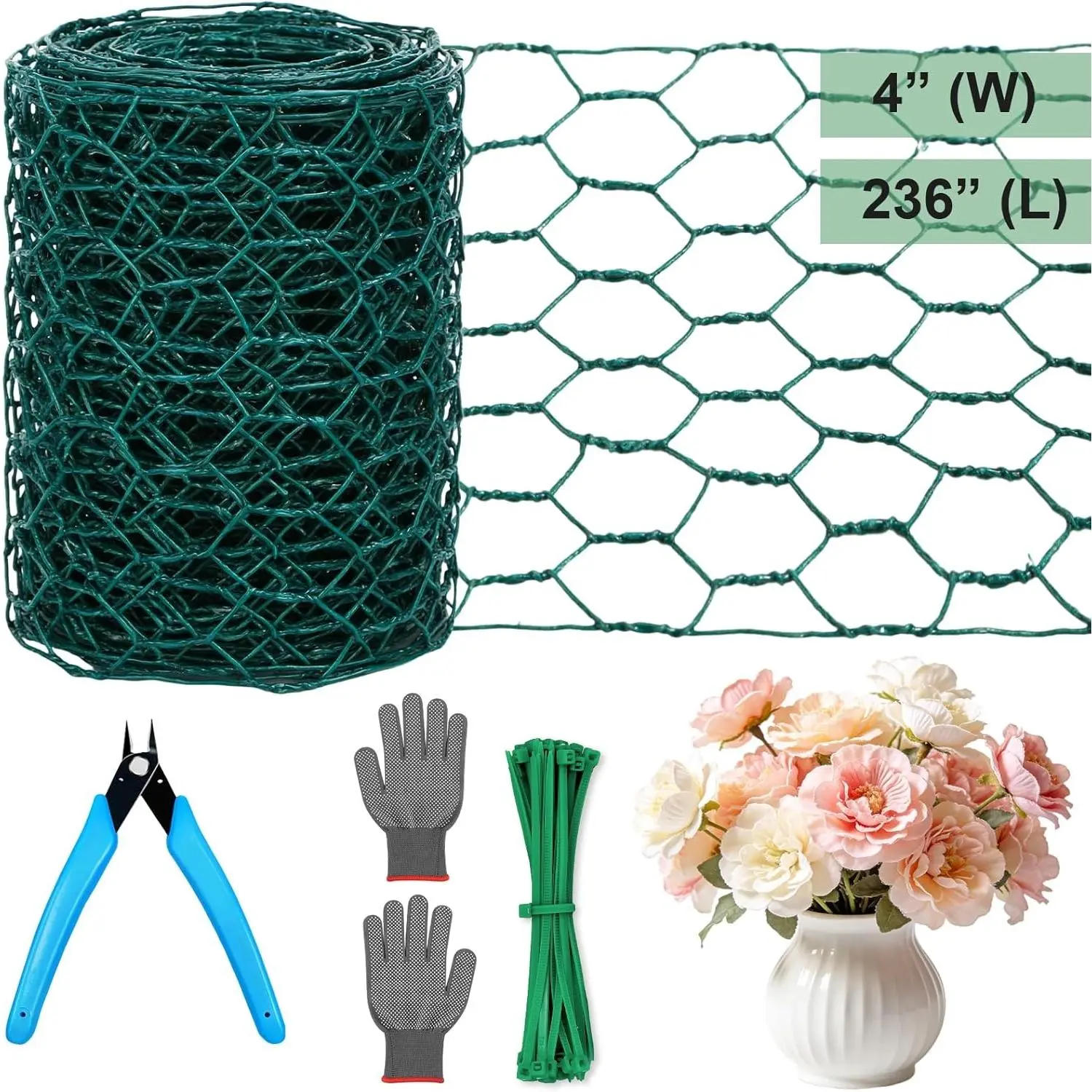 Floral Chicken Mesh for Craft, 4 x 236 Inch Galvanized Hexagonal Netting Roll, Lightweight Garden Poultry Fence for Coop & Rabbit, Metal Mesh Kit with Gloves, Ties and Plier