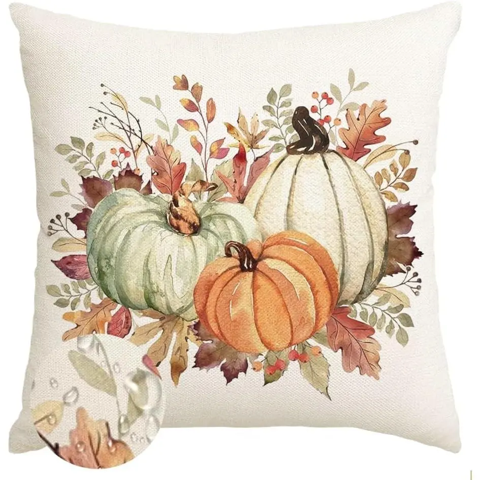 Fall Pillow Covers 18x18 Inch Outdoor  Thanksgiving Autumn Orange White Green Pumpkin Maple Leaf  Harvest Cushion Cases Seasonal Fall Decorations for  Couch