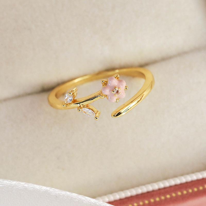 Spring and summer macaron-colored oil-drip flower heart ring with zircon inlay, open niche ring for women, personalized index finger ring
