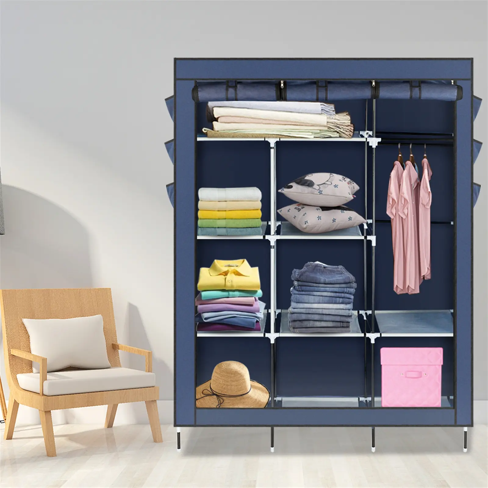 69" High-leg Non-woven Fabric Assembled Cloth Wardrobe Dark Blue