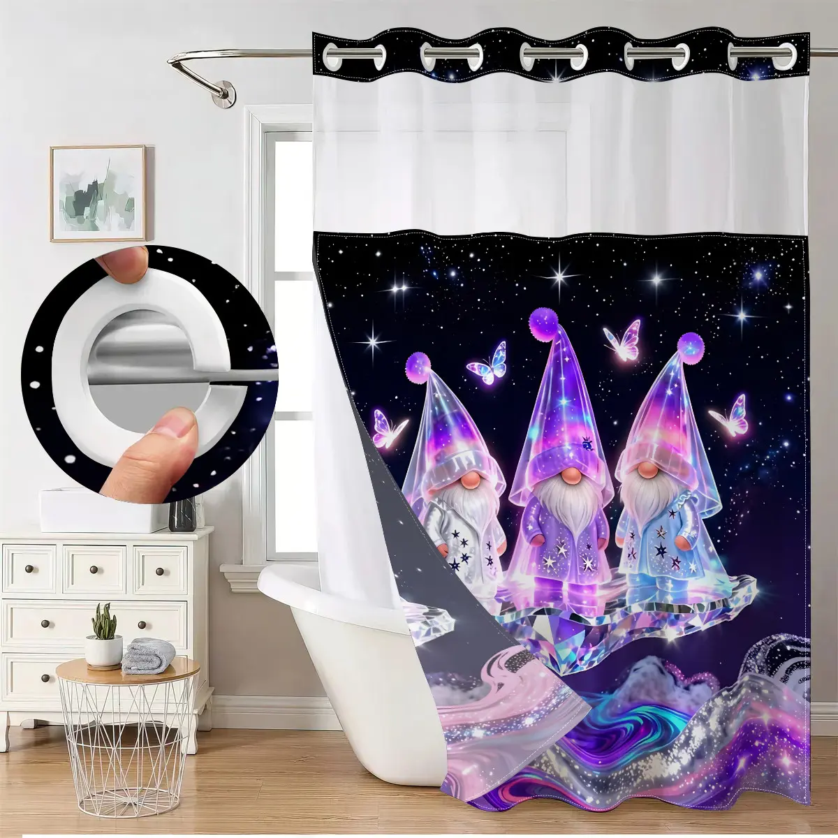Black and Purple Galaxy No Hook Shower Curtain with Snap-in Liner, Double Layer Cosmic Gnome with Butterfly Pattern Shower Curtain Set, Washable Bathroom Curtain, Mystical Fantasy Home Decor