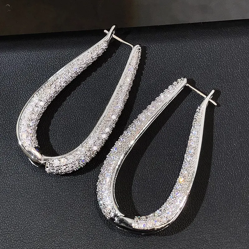 Full Paved CZ Teardrop Hoop Earrings, Silver Tone Large Oval Huggie Loop Earrings, Sparkling Rhinestone Thick Water Drop Click Top Hoops, Glam Statement Jewelry for Party Wedding Evening Events, Gift for Women Girls