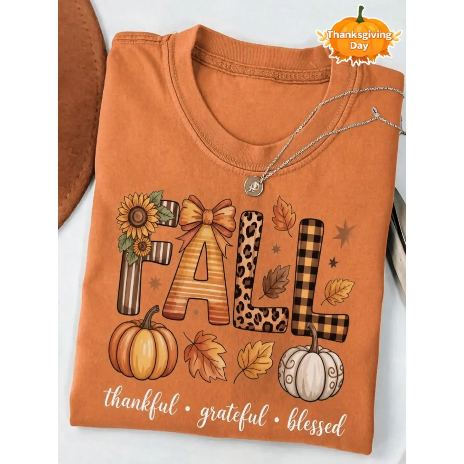 1pc Women's T-Shirt Fall Pumpkin Leopard Plaid Print Thankful Grateful Blessed Autumn Tropicoqueta Outfits Back To School Clothes Women Vonndutchh