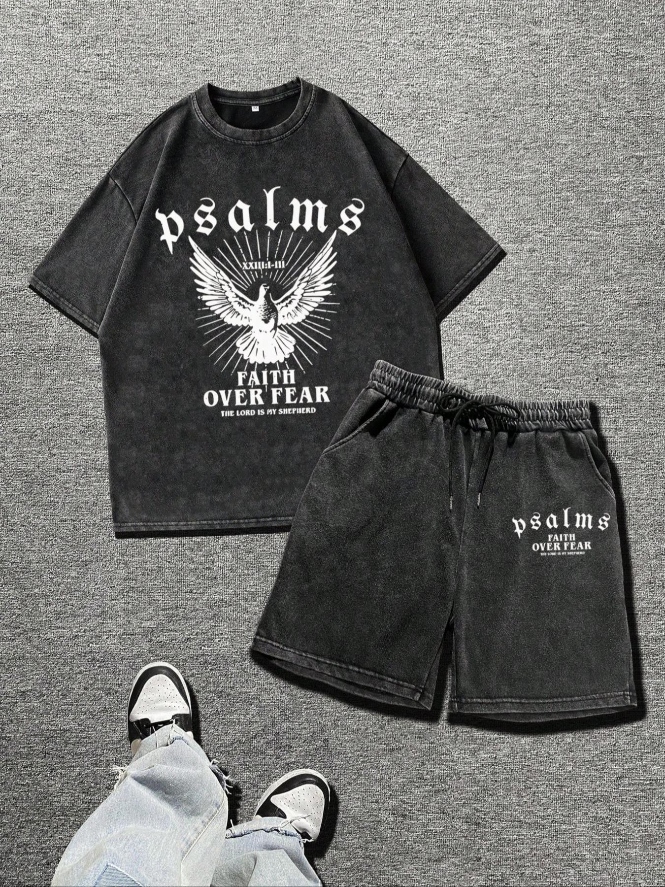 Men's Letter & Graphic Print Short Sleeve Tee & Shorts Two-piece Set, Round Neck T-shirt & Track Shorts, Casual Fashion Cozy Breathable Men Two-piece Outfits for All Seasons, Sets for Men Clothing, Cotton, Menswear, Outfit Suit Set, Matching Lounge Sets