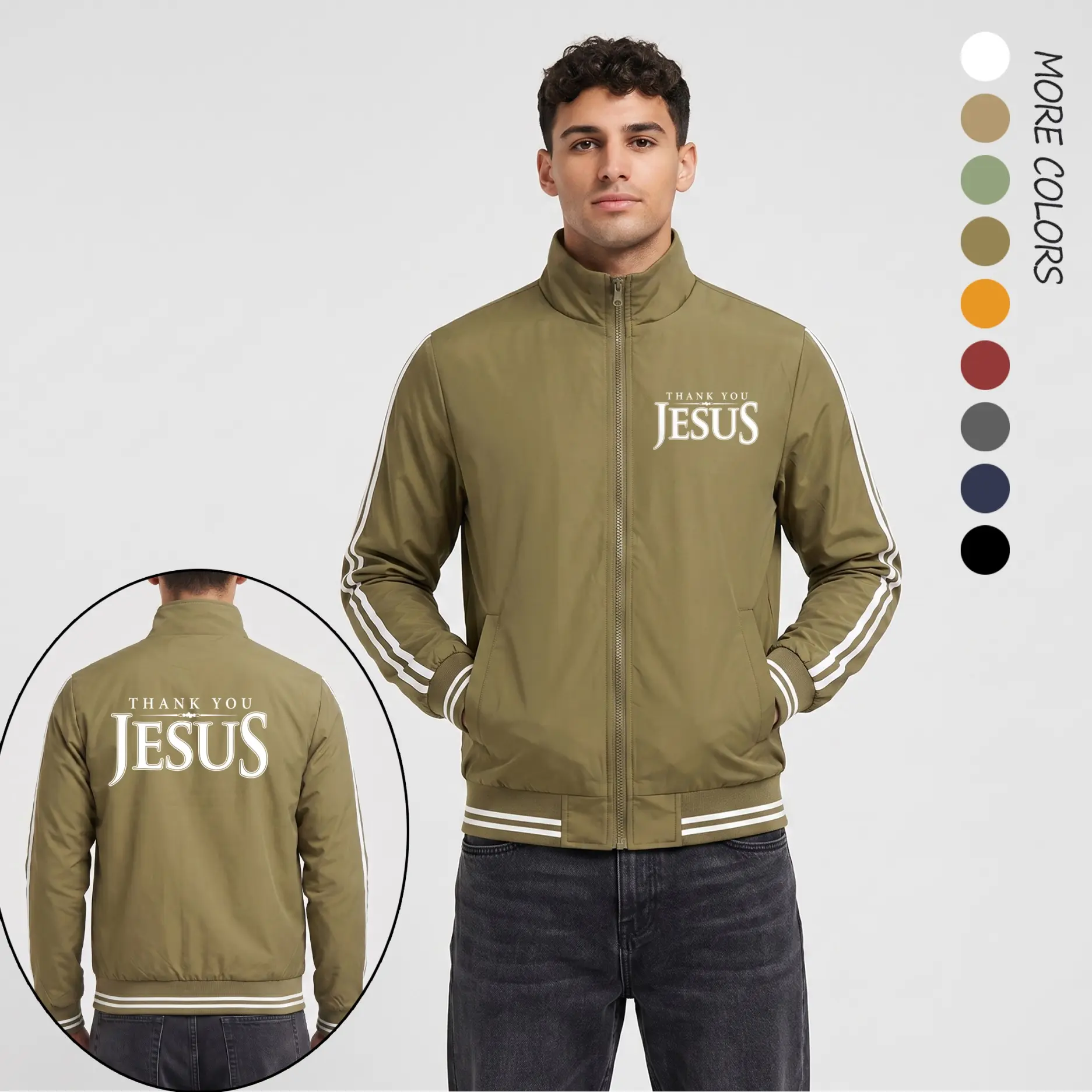 Men’s “THANK YOU JESUS” Graphic Print Lightweight Bomber Jacket – Faith Streetwear Flight Jacket with Stripe Sleeve Detail & Ribbed Trim Urban Style