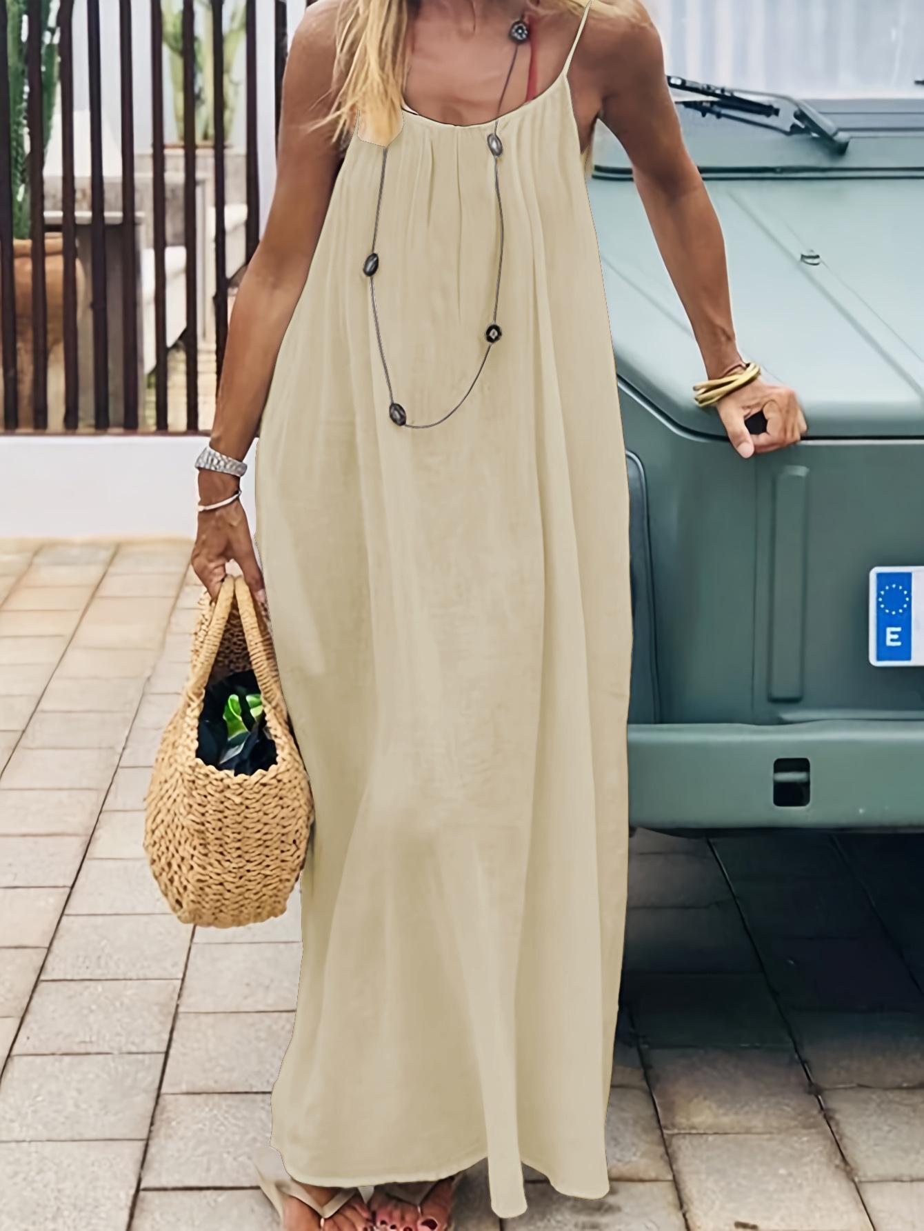 Plus Size - Plus Size - 2026 New Women'S Camisole Backless Loose Long Home Wear Dress |     Beach Skirt Swimsuit, Sleeveless, V-neck, Medium Stretch Fabric, Straight Hem, Random Print, Elegant Style for Spring/Summer