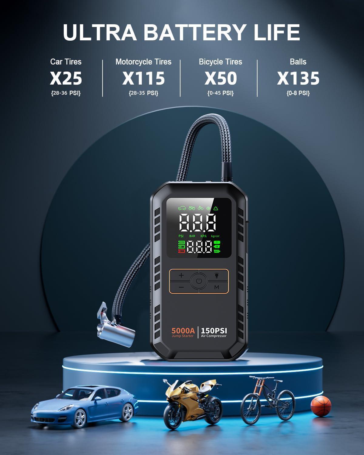 5000A 150PSI Car Jump Starter with Air Compressor Auto Tire Inflator Large LCD Display LED Light Portable 12V Battery Booster Power Pack Quick Jump Start for Gasoline Diesel Vehicles Universal for Cars SUVs Trucks Bikes Motorcycles RVs Boat Tires Multi Sa
