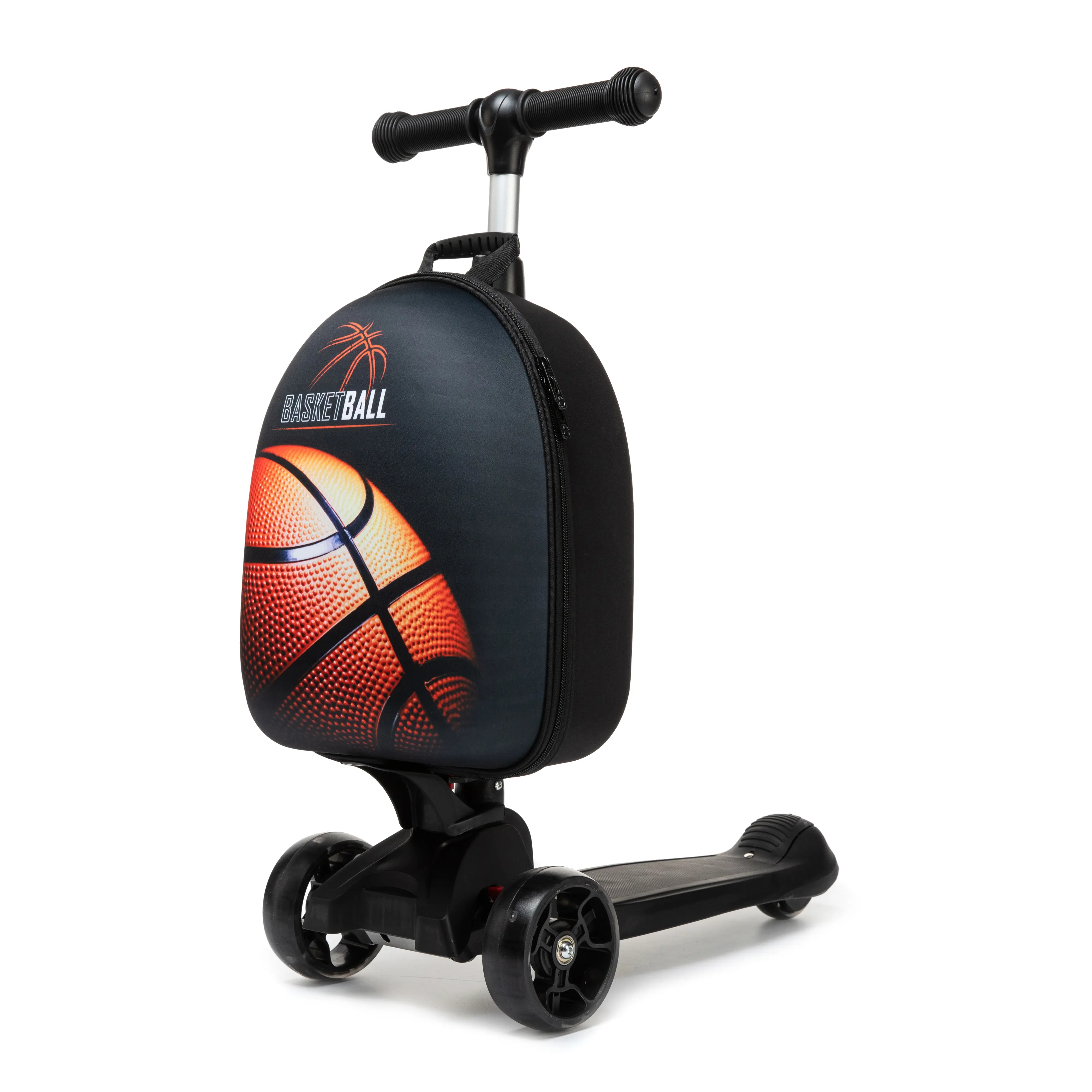 Kids' 3-Wheel Scooter Luggage - Basketball Hard Shell Carry-On with Lightweight Folding Frame, Handle Grips, Prop 65 Safe for Travel Play (Ride + Carry Function)