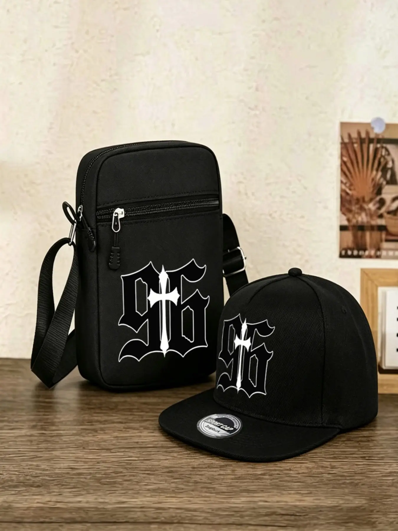 2pc Dark Goth Style Gothic Aesthetic 96 Cross Graphic Detail Baseball Cap, Small Messenger Bag Combo, Retro Punk Street Trend, Crossbody Pack, Two-Piece Set