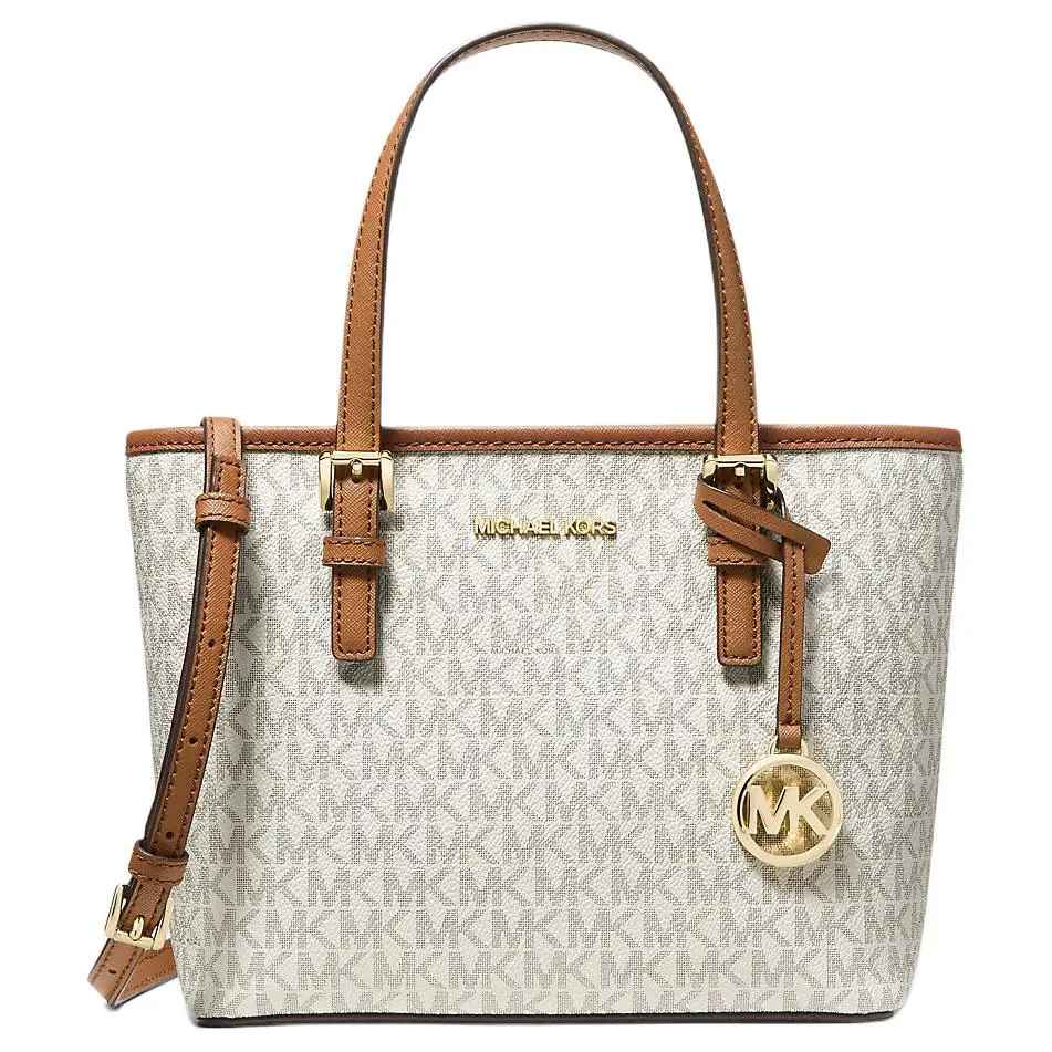 Michael Kors MK Jet Set Travel Tote Bag for Women – Classic Elegant Monogram Mix, Matte Leather Trim, White with Brown Accents