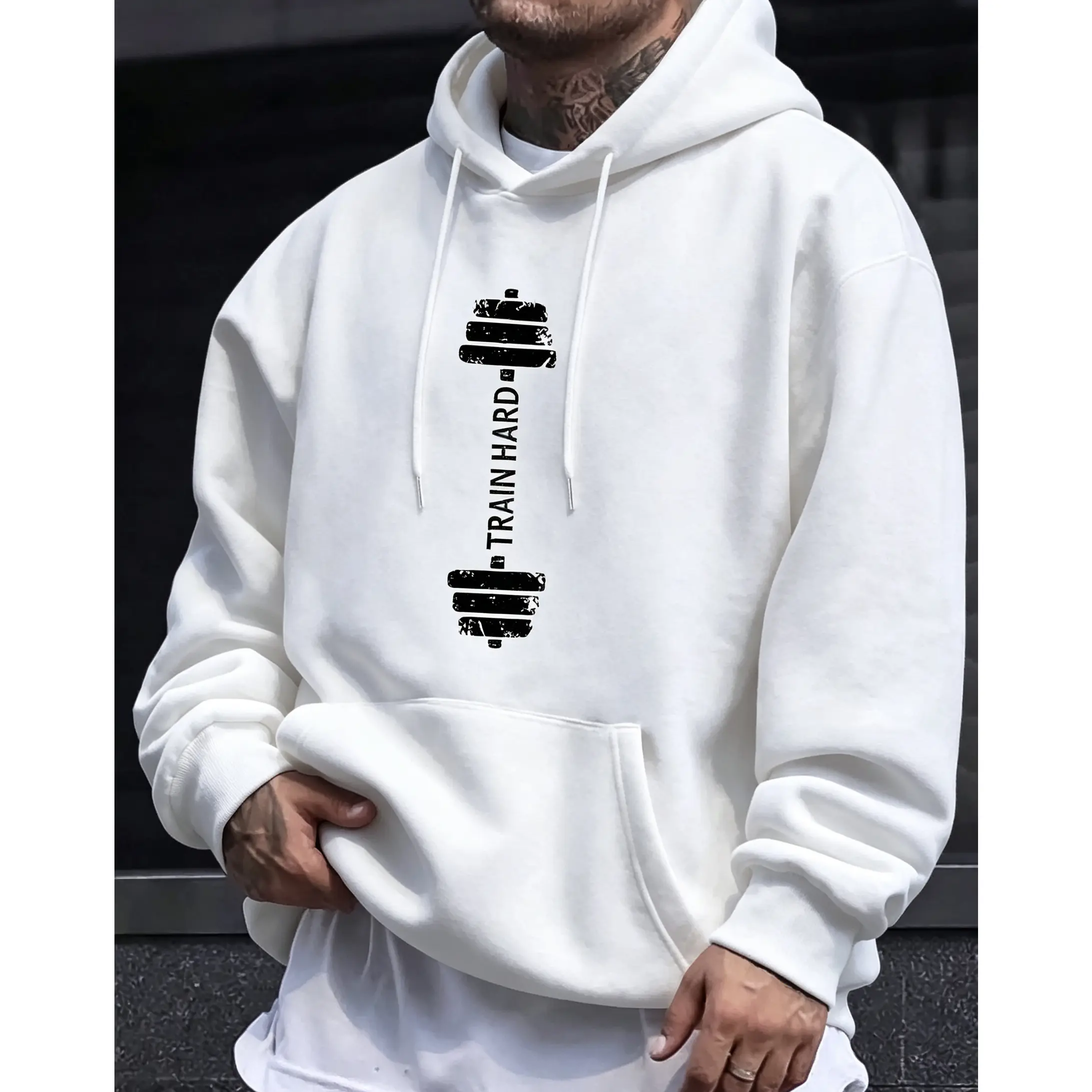 Unisex Oversized Pullover Hoodie Train Hard Distressed Dumbbell Graphic Sweatshirt Vintage Gym Fitness Print Black White Two Color Workout Bodybuilding Street Casual Training Top