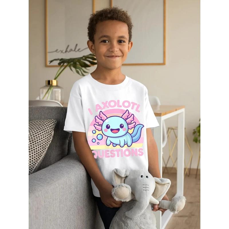 Girls' Funny Cute Axolotl Graphic T-Shirt - "I Axolotl Questions" Slogan with Pink Lettering & Mexican Walking Fish Design, Soft Round Neck Short Sleeve Casual Summer Top for Casual Attire, Playdates & Themed Events - Breathable Comfortable 'pparel