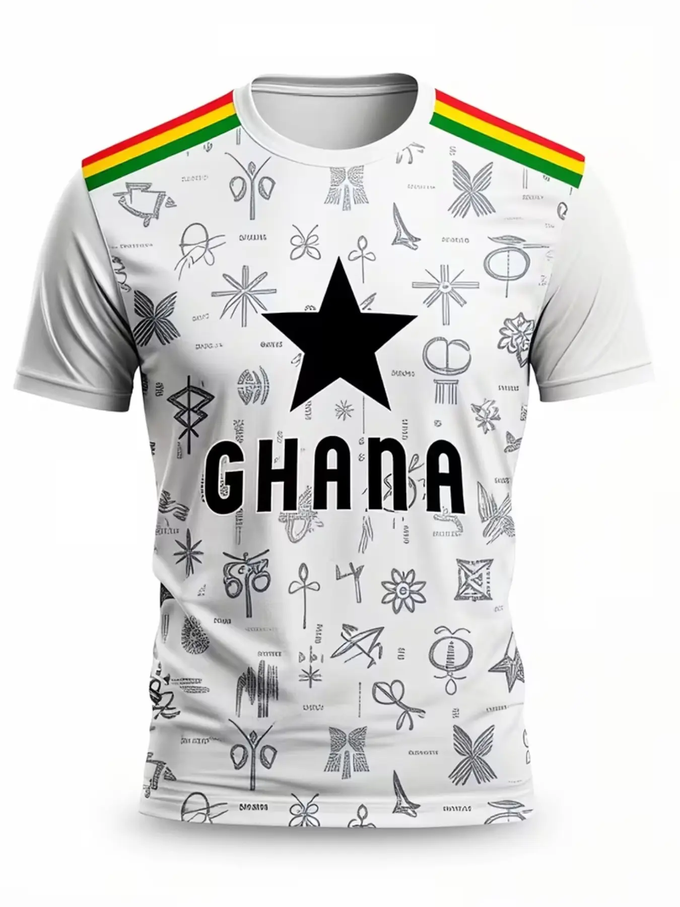 Ghana Jersey with Star Pattern and Cultural Symbols, Comfortable Sporty Top for Training and Matches, All-Season Slim-Fit Short Sleeve