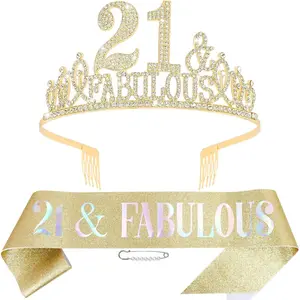 21th Birthday Decorations Girls, 21st Birthday Girl Decorations Set - 21st Birthday Sash and Crown for Gifts, Happy 21st Birthday Decorations Birthday Tiara for Girls