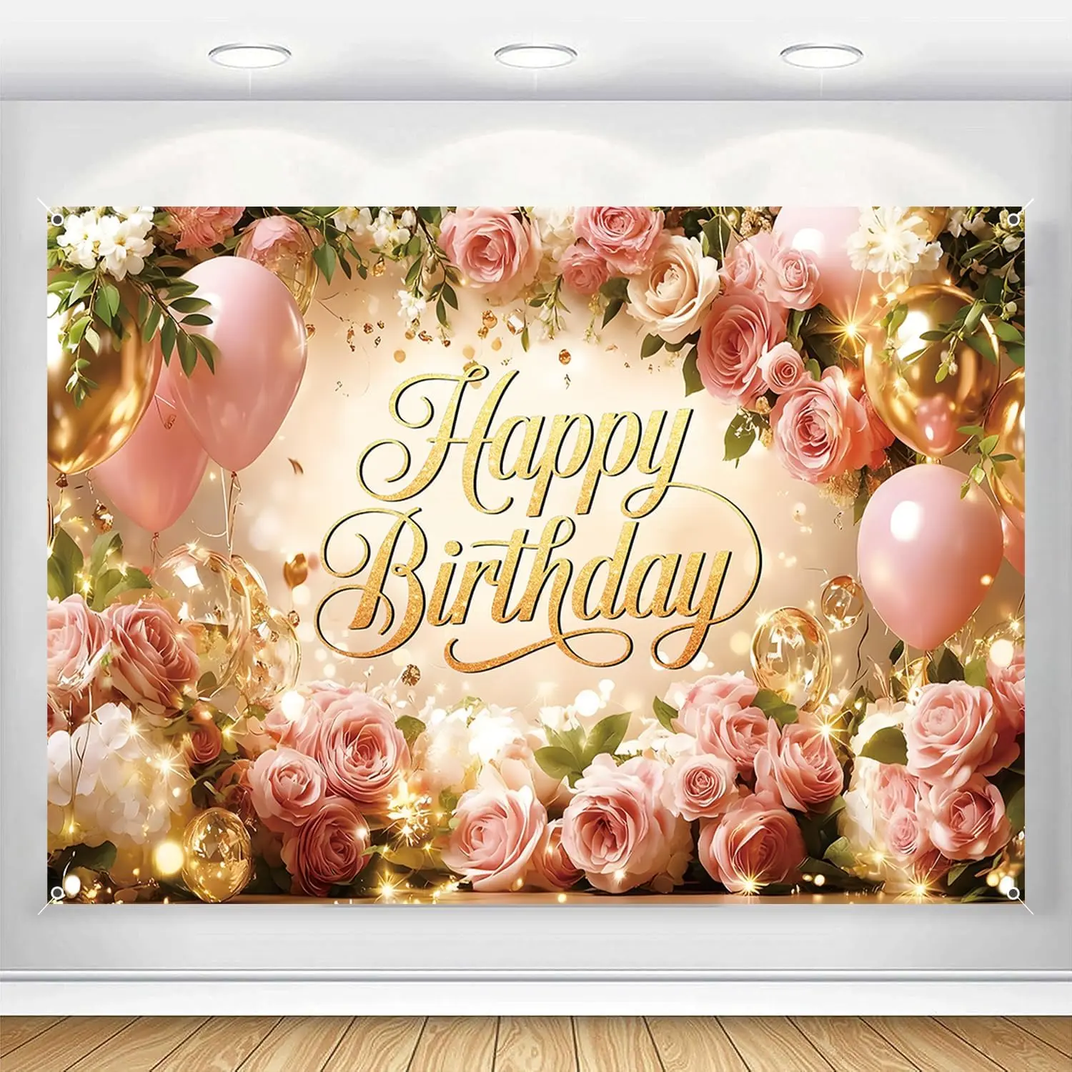 Happy Birthday Backdrop Banner For Women Girls Princess  Floral Flower Wall Rose  Balloon Party Decorations Photography Background Supplies Decor Fabric Photo Booth Props 7x5ft