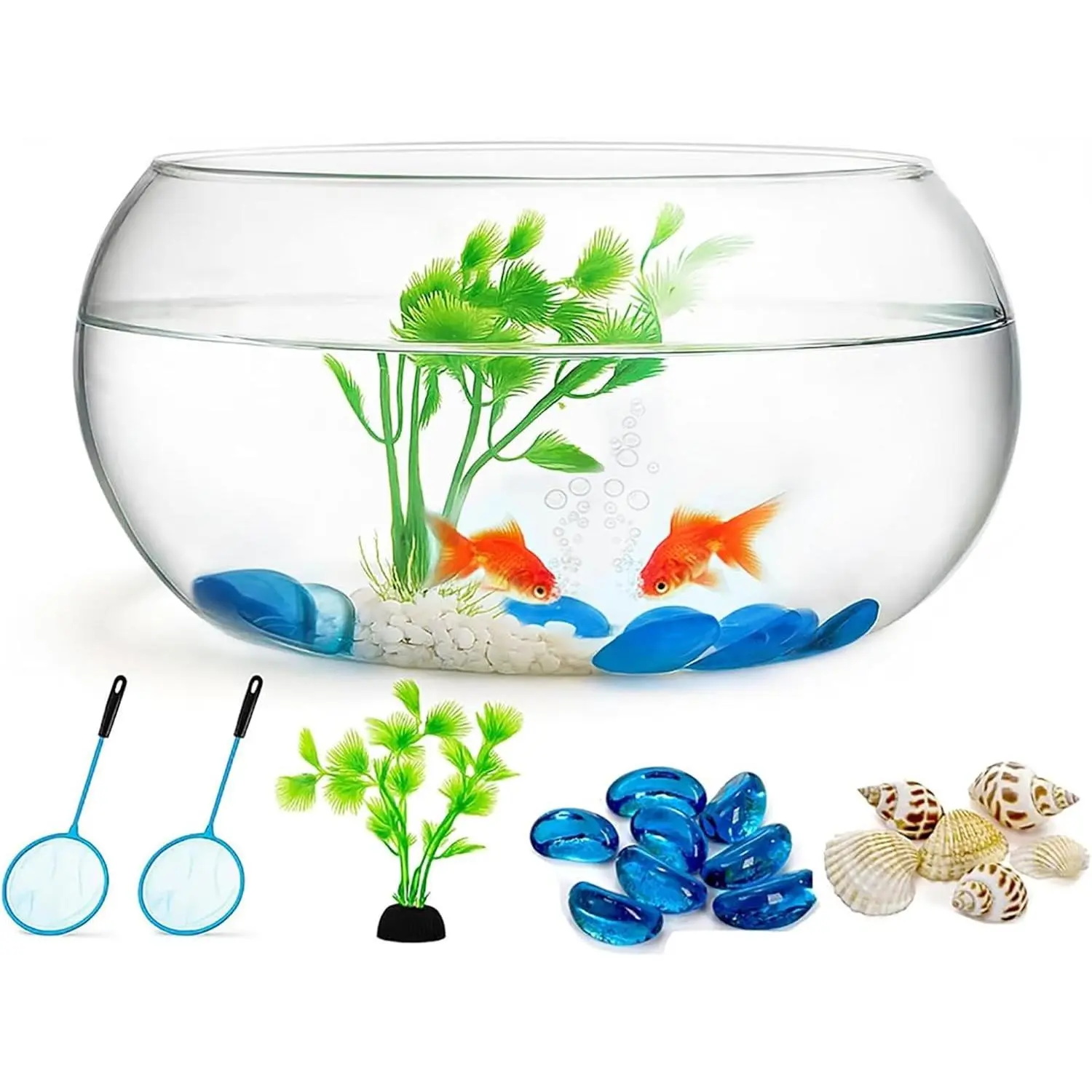 0.9 Gallon Clear Round Shallow Glass Fish Bowl with Decor for Betta Fish and Aquatic Plants, Includes Aquarium Decor Stones, Tree and Fish Nets for Holiday Wedding Centerpiece